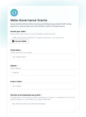 Screenshot preview of the Meta-Governance Grants application form.