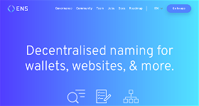 The landing page for ENS (Ethereum Name Service). It is decentralized naming for wallets, websites, and more!