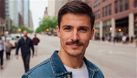 A (smilling) man wearing a blue jeans jacket, (large smile), Busy street in Chicago, short hair and mustache