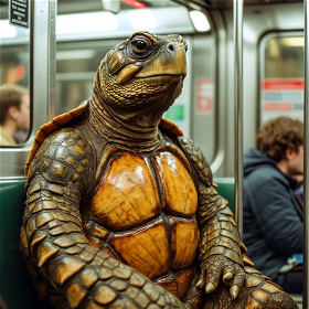 Portrait photograph of an anthropomorphic tortoise seated on a New York City subway train