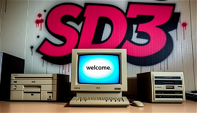 Prompt: Photo of an 90's desktop computer on a work desk, on the computer screen it says "welcome". On the wall in the background we see beautiful graffiti with the text "SD3" very large on the wall.