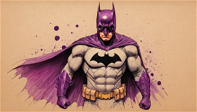 lead pencil sketch of batman with splatter of black and plum ink, parchment background