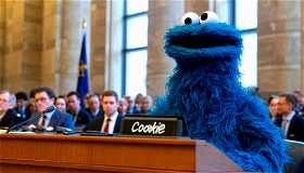 Cookie Monster testifying before the International Court of Justice in The Hague