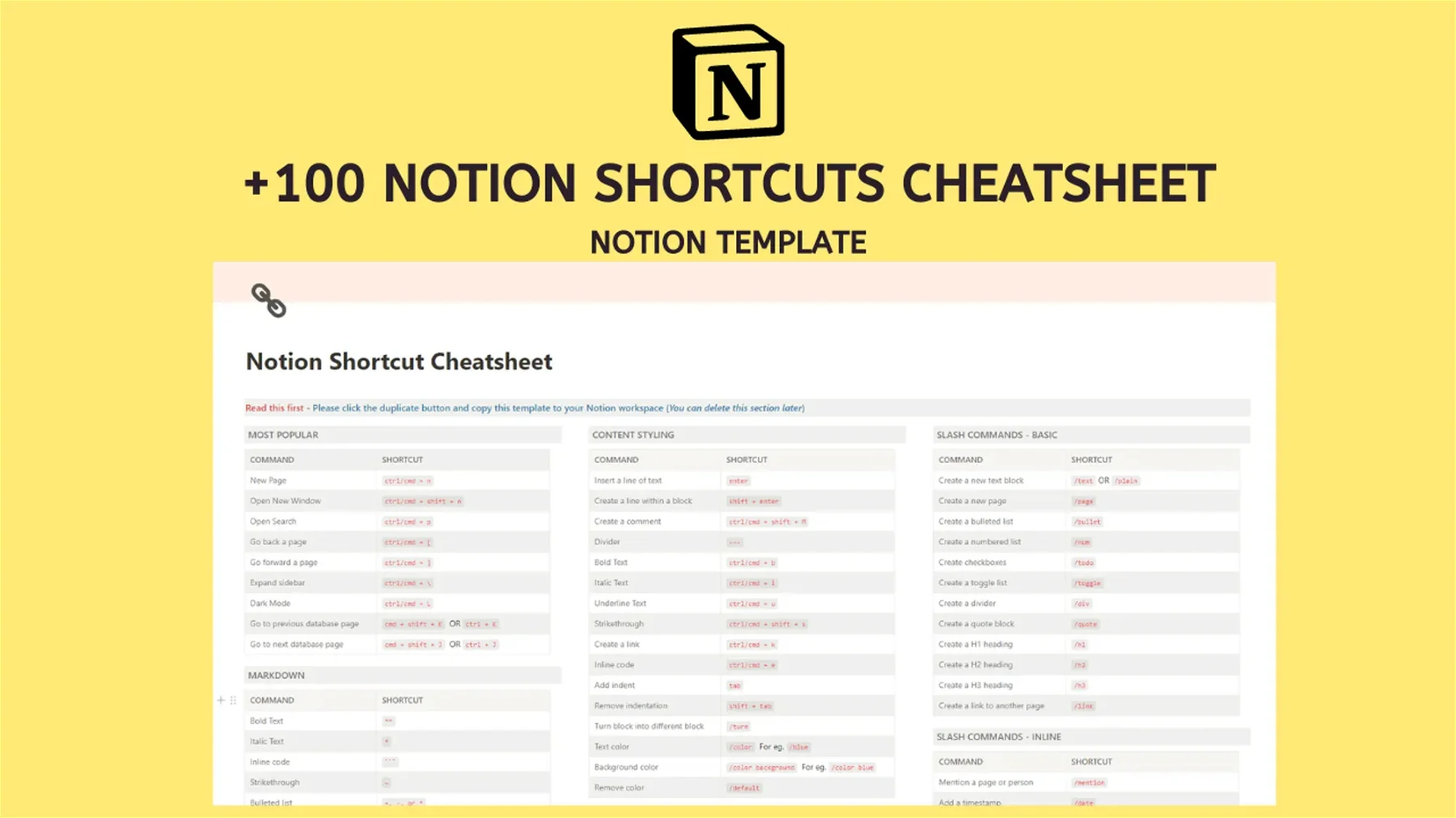 100+ Notion Shortcuts Cheatsheet