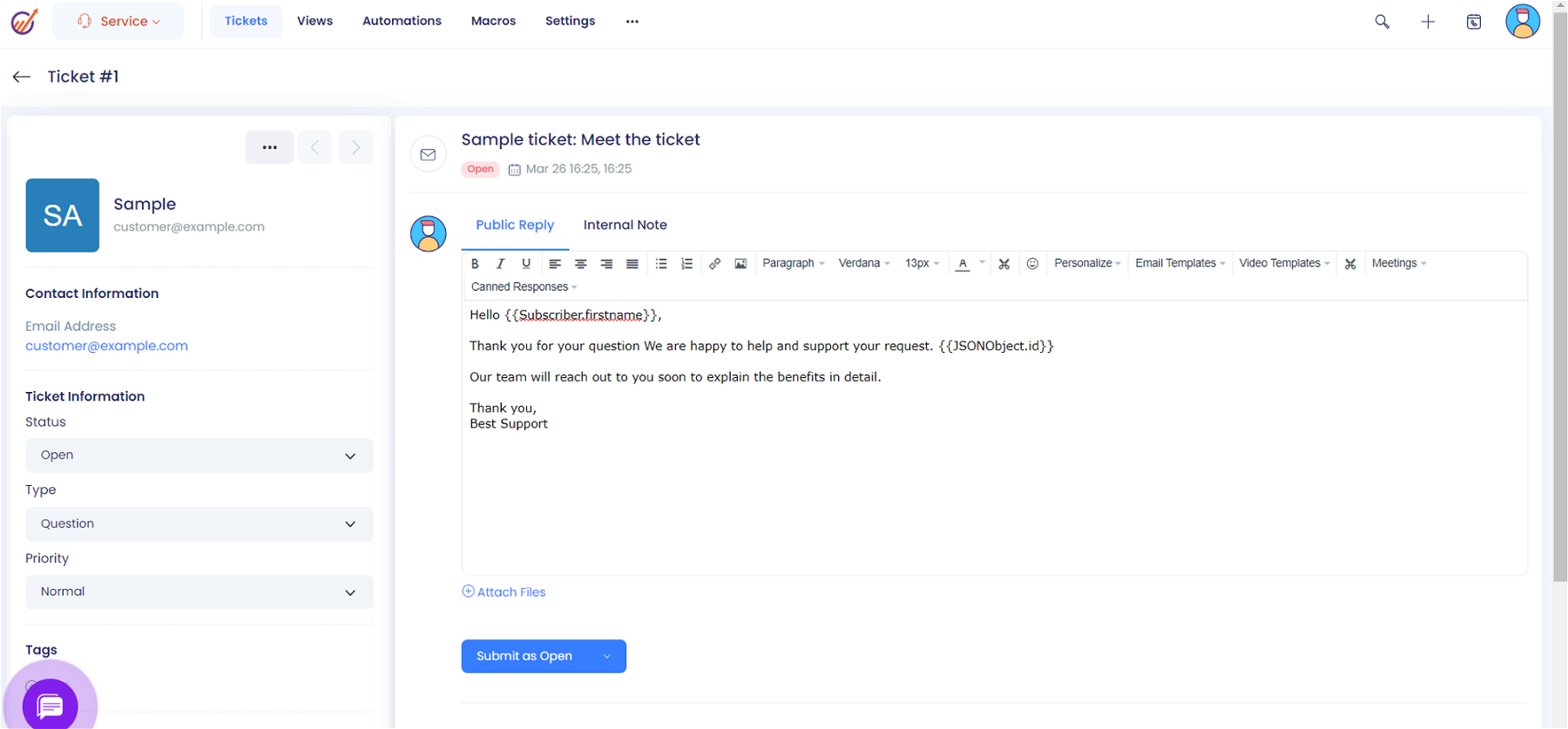 Answering a support ticket in EngageBay Real Estate CRM.