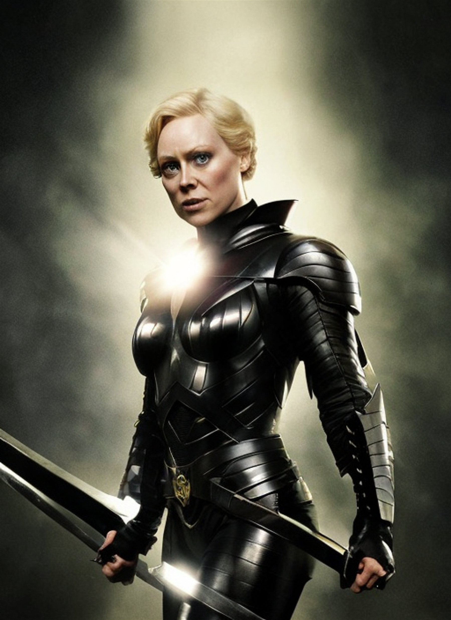 A photorealistic full body portrait of Gwendoline Christie in a fierce and powerful pose, inspired by the work of Alex Ross and David Finch, with bold lines and sharp details, in a dark and moody setting.