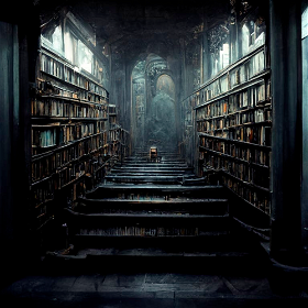 A dimly lit room, surrounded by dusty old books.