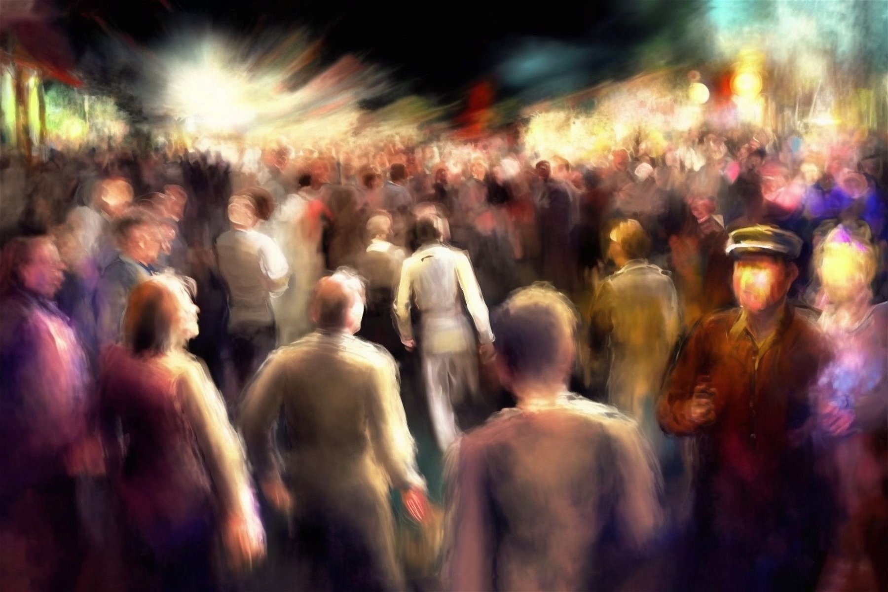 AI-generated art of people in motion in a crowd. MJ prompt: watching, enchanted by the crowd, energized by their motion. expressionism --ar 3:2 --v 4