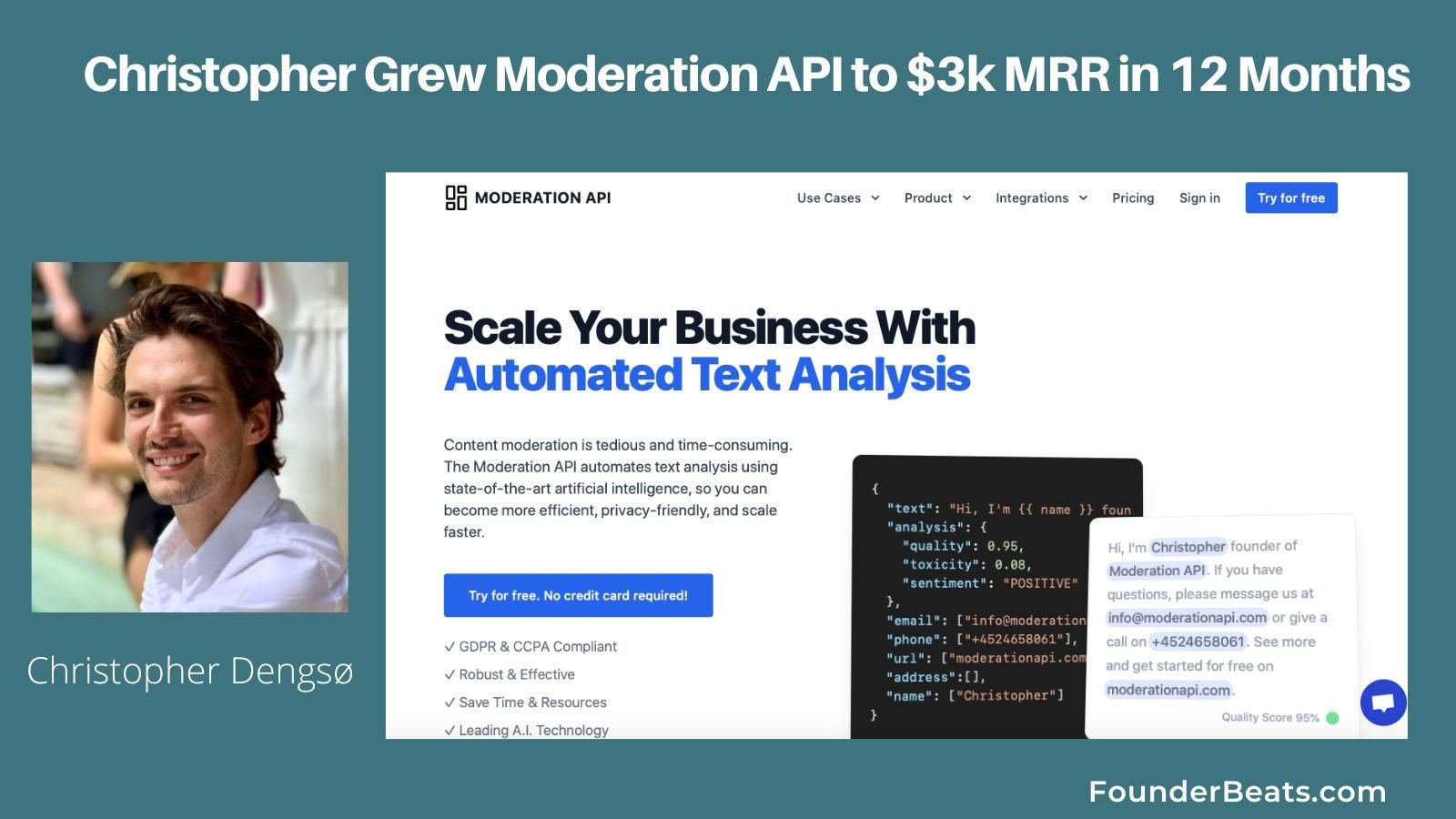 Christopher Grew Moderation API to $3K MRR in 12 Months