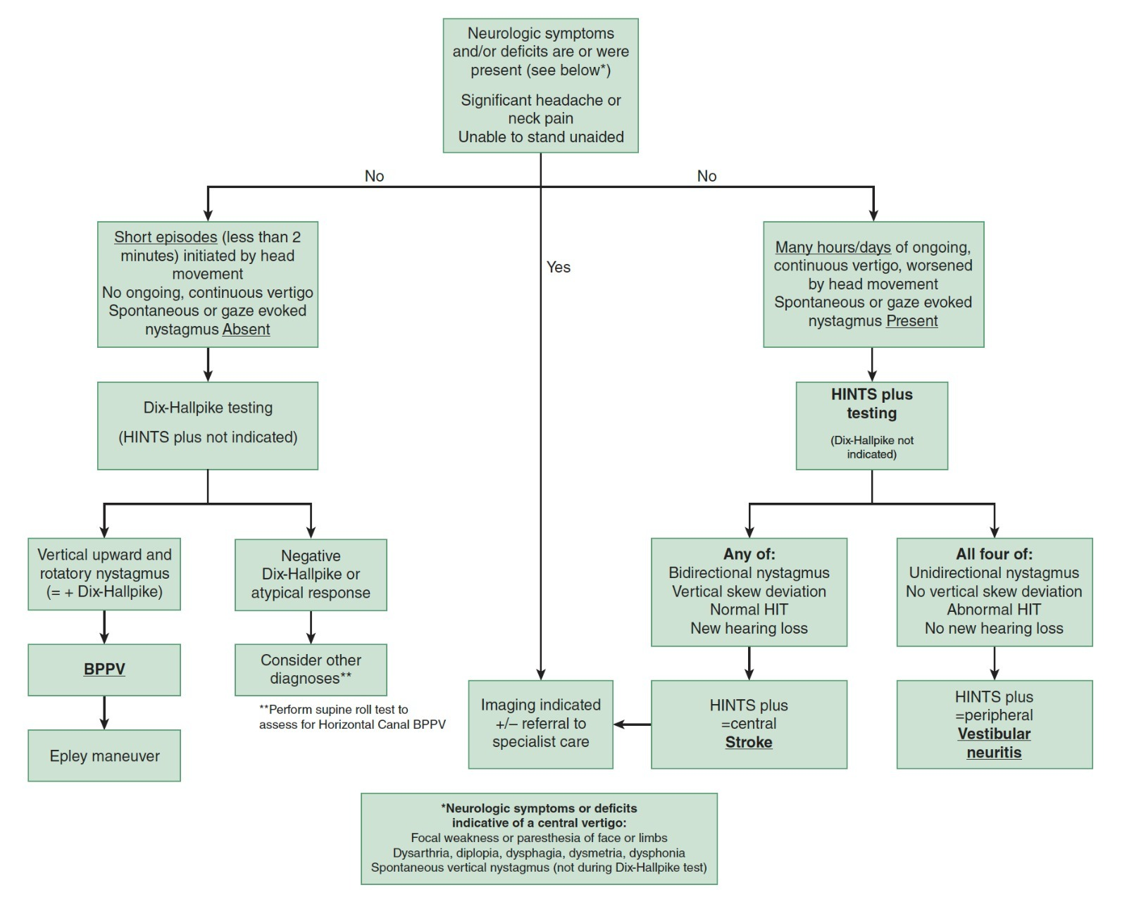 Source: Flow chart of the initial approach to the diagnosis of acute vertigo. From Tintinalli's Emergency Medicine: AComprehensive Study Guide (9th ed., p. 1148), by Judith E. Tintinalli, 2019, McGraw Hill. Reprinted with permission