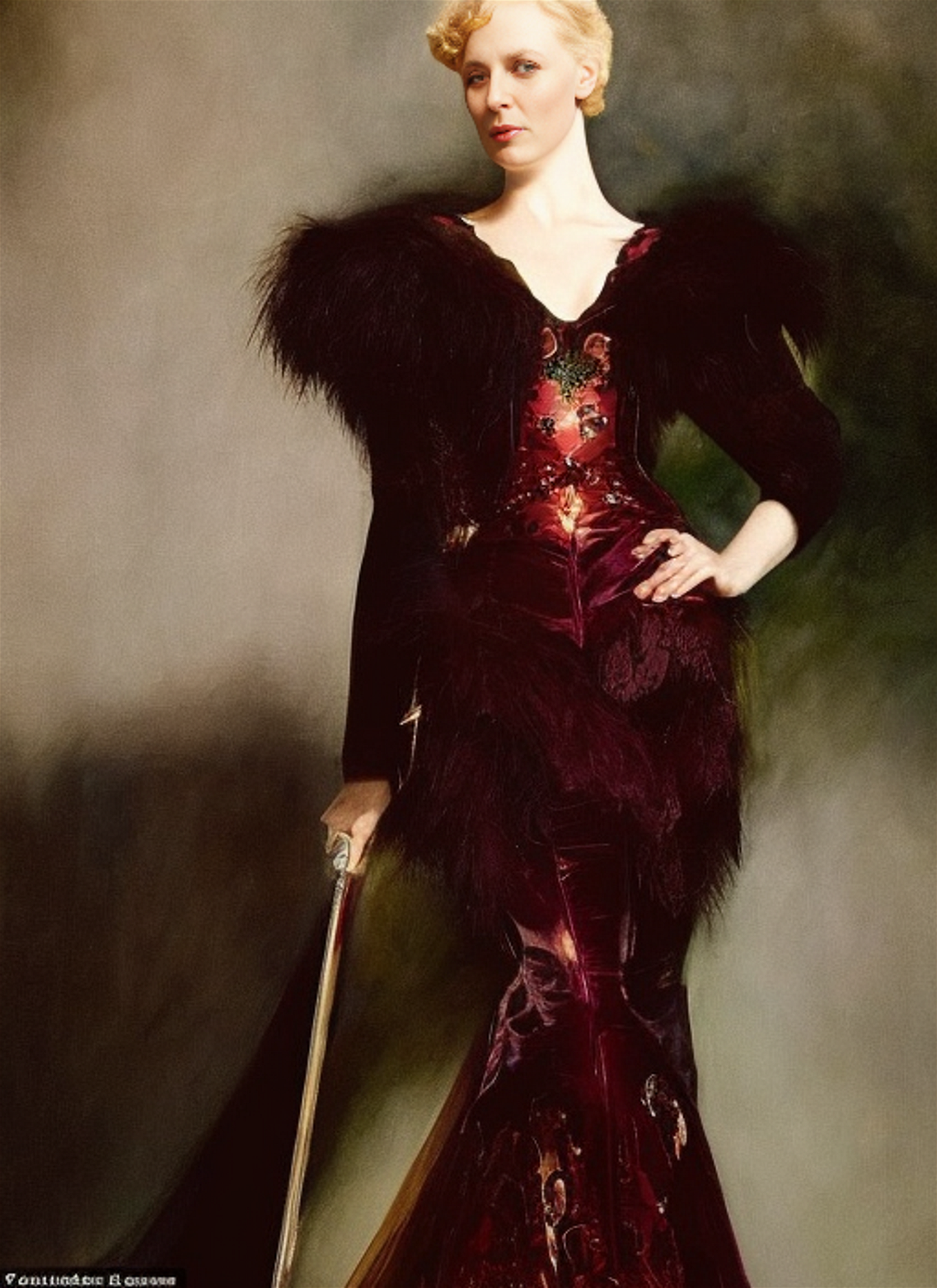 A full body portrait of Gwendoline Christie in a dramatic and intense pose, inspired by the work of John Singer Sargent and John Singer Sargent, with rich colors and dynamic lighting, in a historical and romantic setting