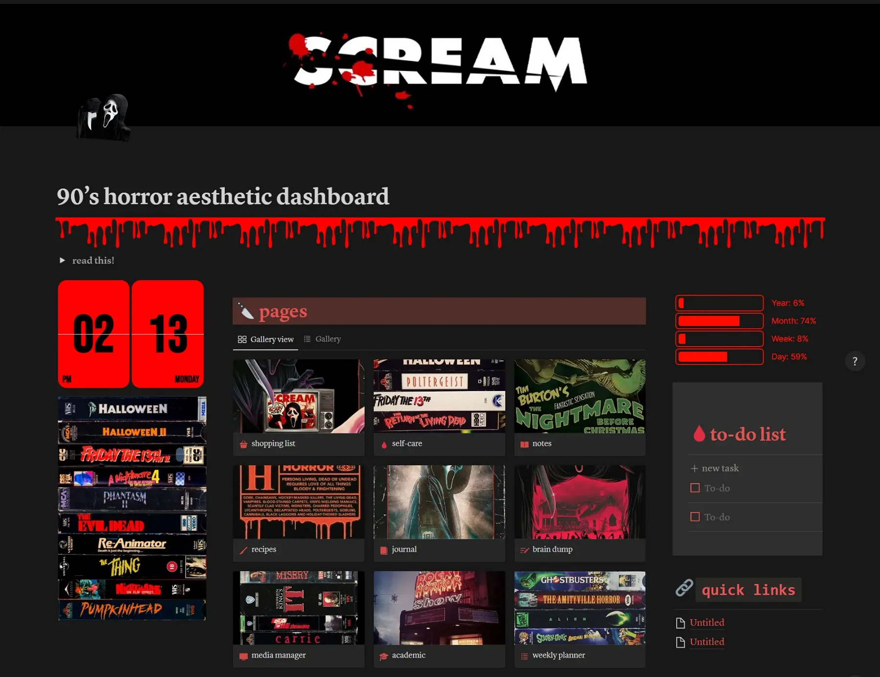 90's Horror Aesthetic Notion Dashboard Template