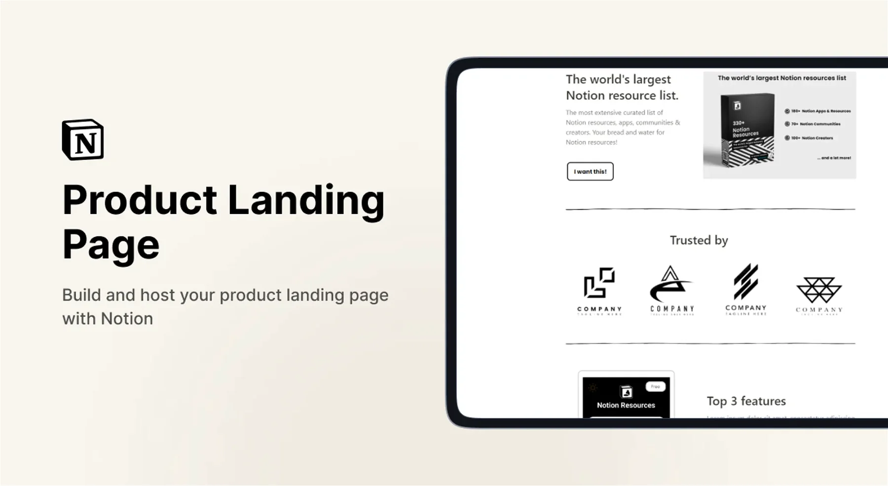 Product Landing Page Template in Notion