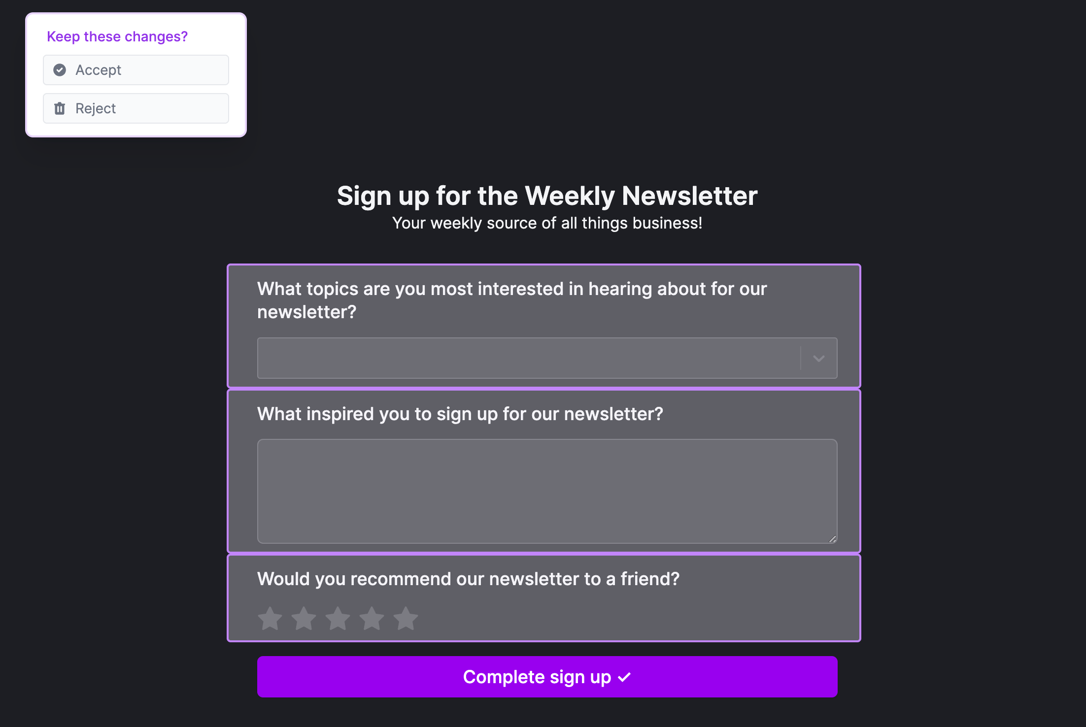 Accept or reject proposed changes to your form.