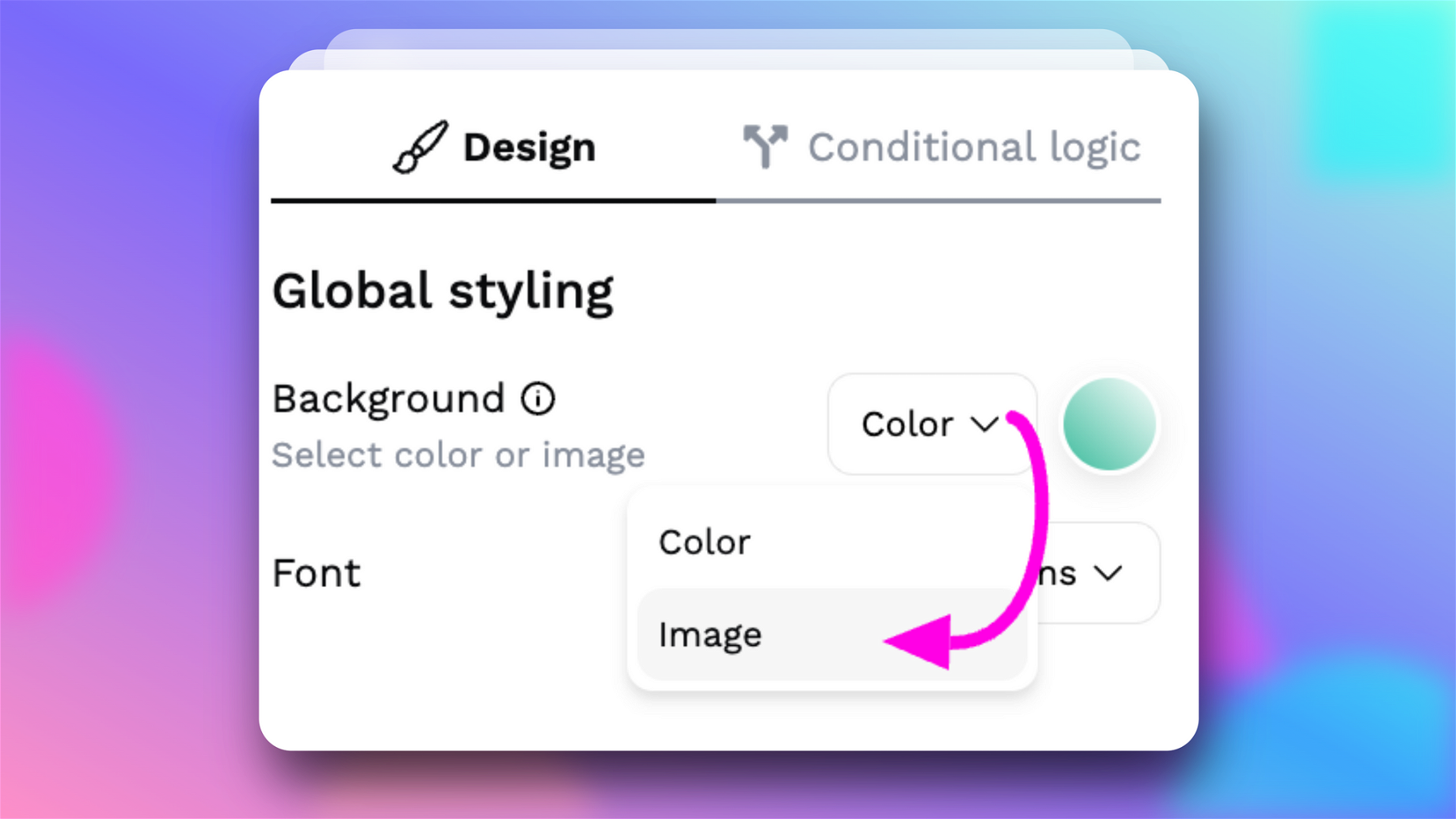 Example screenshot showing where the background image option is. Click the dropdown menu next to the background styling area, then select Image to upload your own!