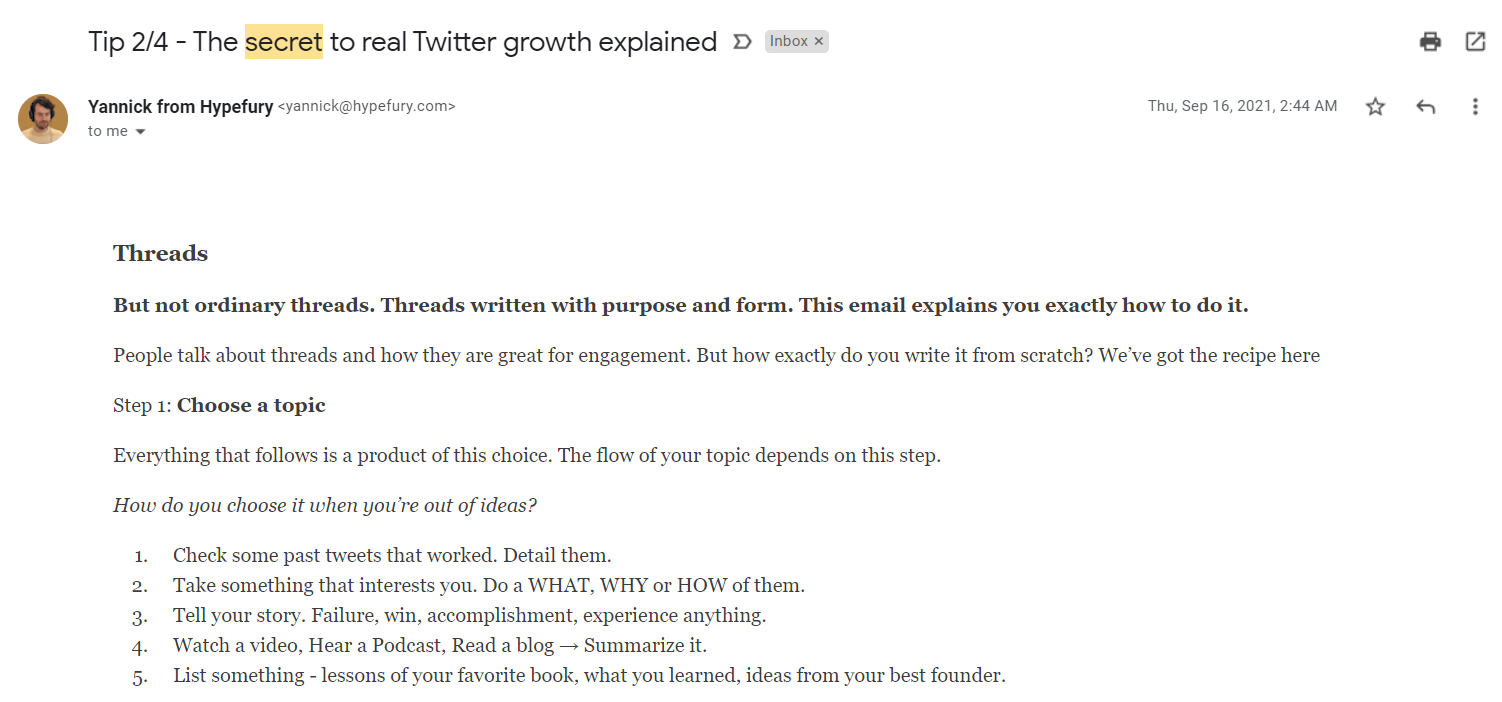 Hypefury sends a ‘secret to’ email for twitter growth using their SaaS tool.