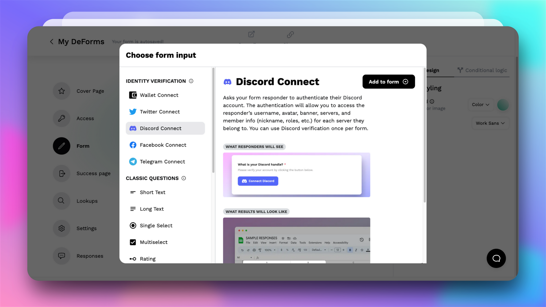 With the Discord Connect option enabled on your form, responders will be able to authenticate their Discord accounts. This will allow you to see useful information like their username, avatar, banner, servers, and member info.