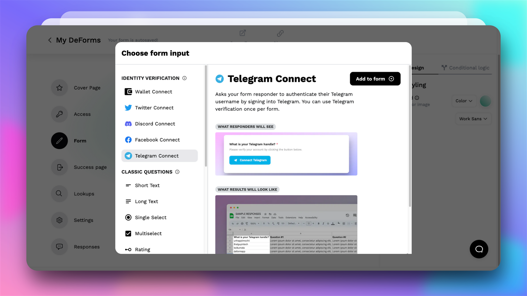 Using the Telegram Connect option will allow responders to authenticate their Telegram username by signing into Telegram.