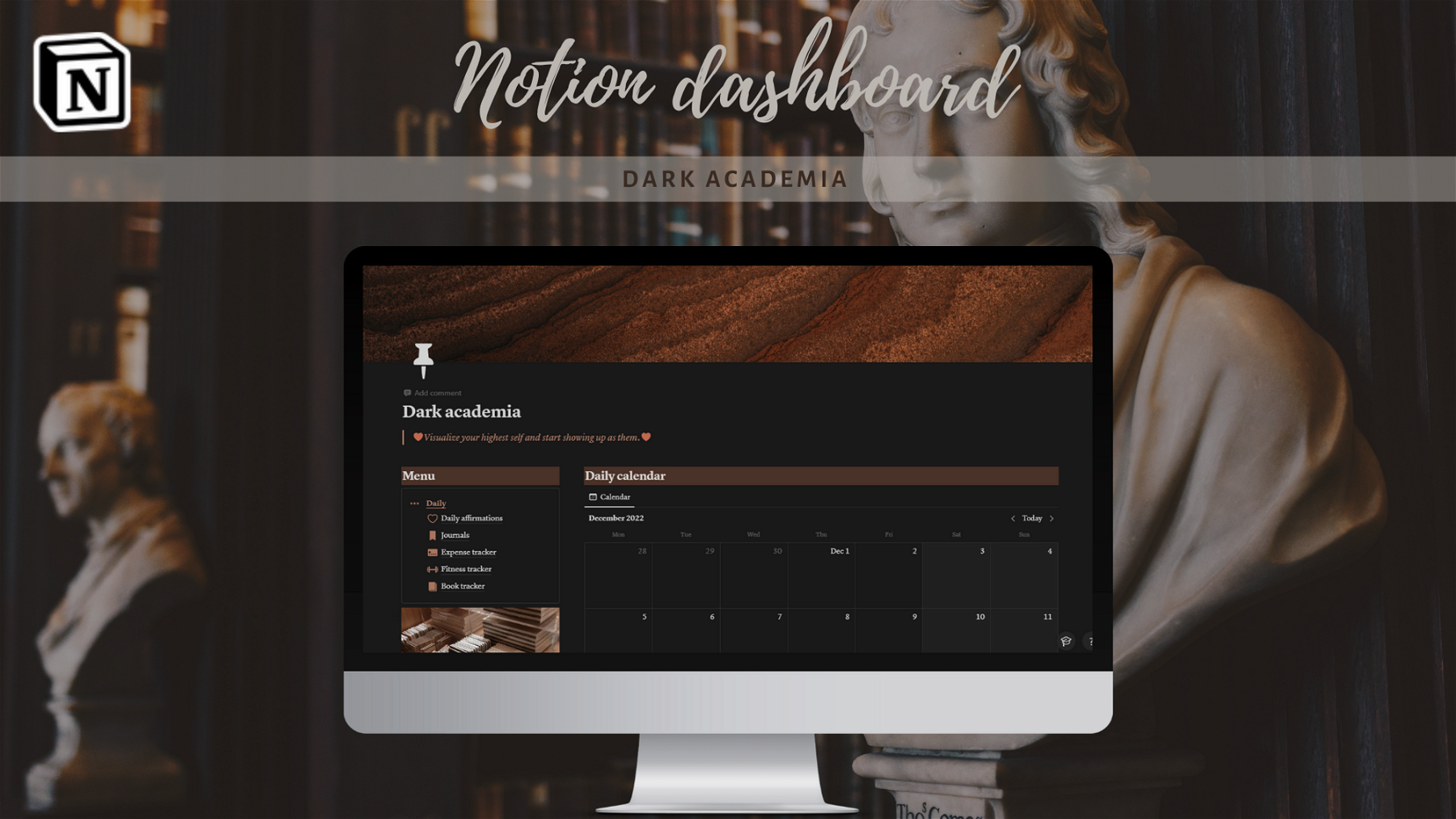Dashboard Notion template - Dark academia aesthetic