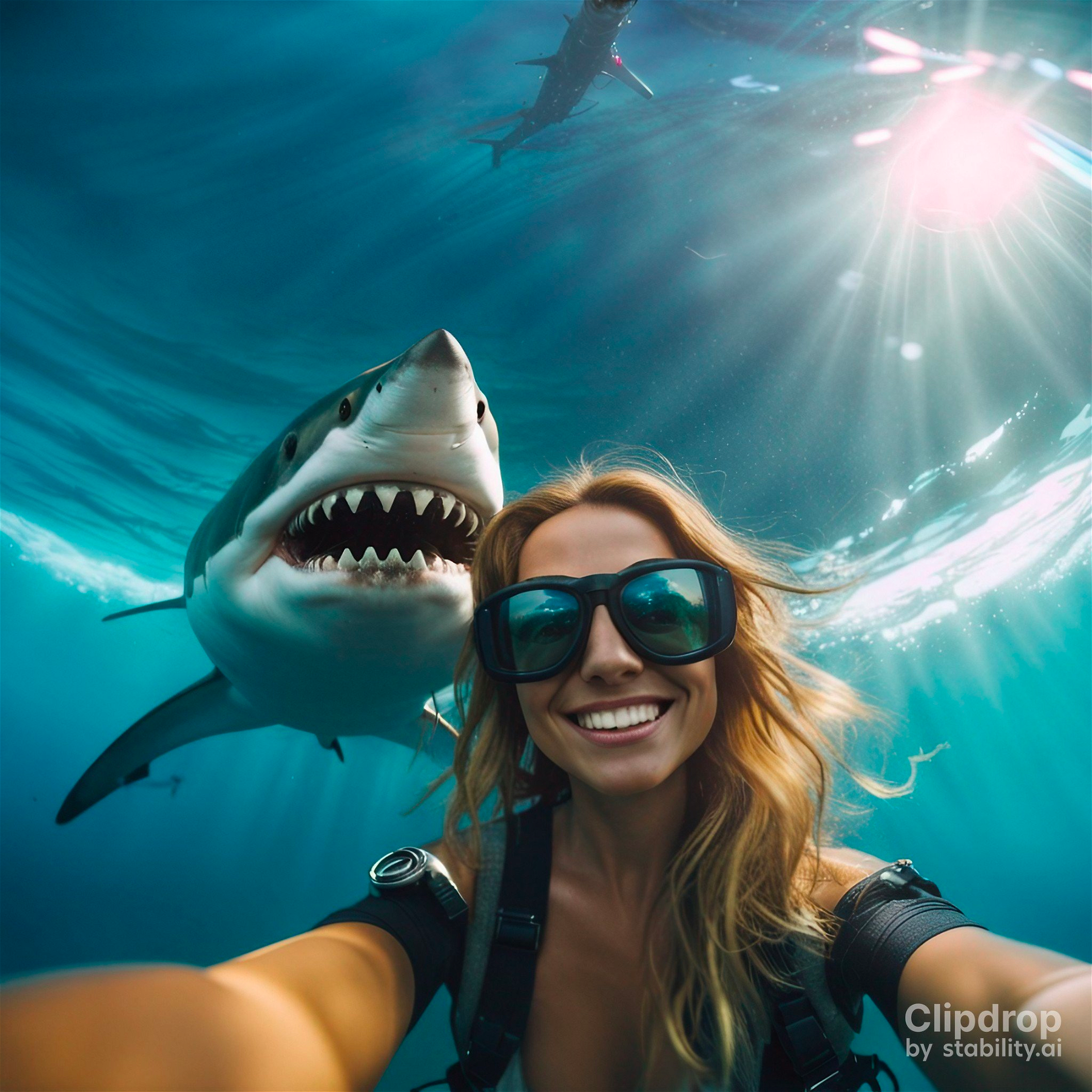 A hyper - realistic GoPro selfie of a smiling glamorous Influencer with shark. Extreme environment.
Style: Photographic