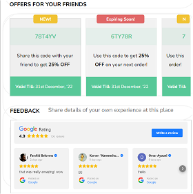 Your store customers can share your store offers with their friends and families and provide Google reviews. 