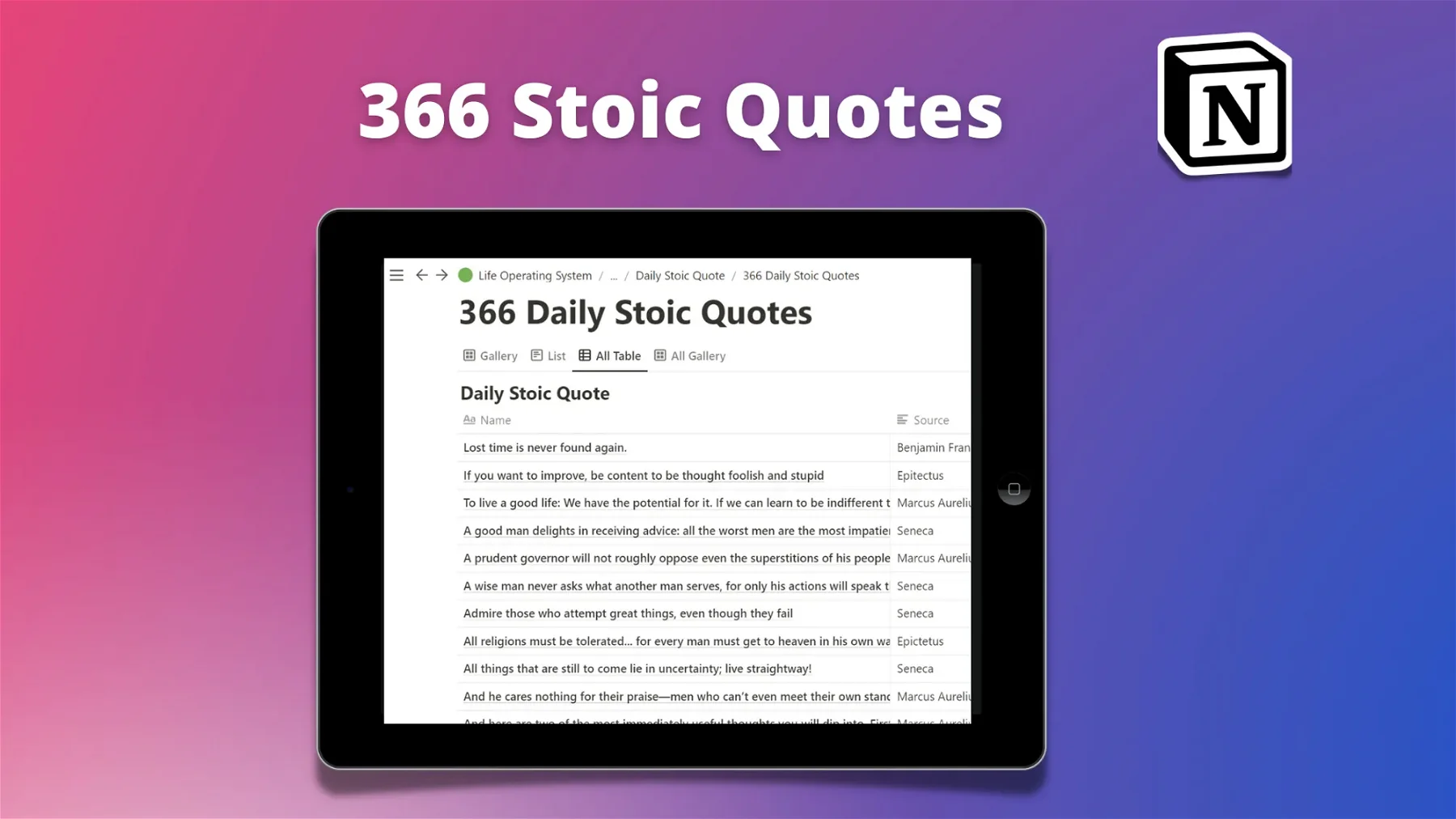 366 Stoic Quotes of the Day for Notion (Widget)