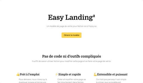 Exemple de landing page réalisée avec Notion :  EasyLanding