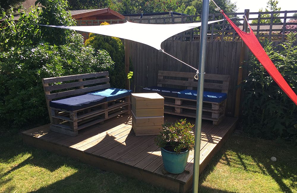 Final setup, including sun sails and palette benches (cushions by my wife and table by my daughter)