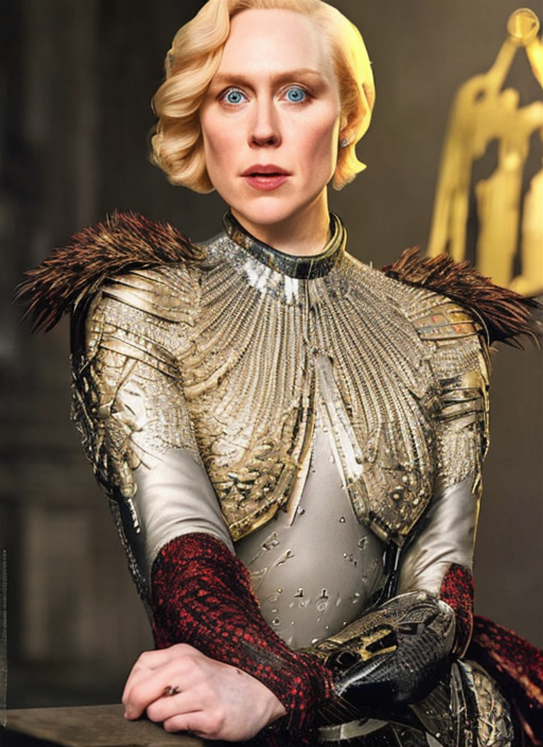 A stunning, highly detailed and photorealistic portrait of Gwendoline Christie, with a dramatic and intense expression, inspired by the works of Alex Ross and J. Scott Campbell, featuring bold colors and sharp lines