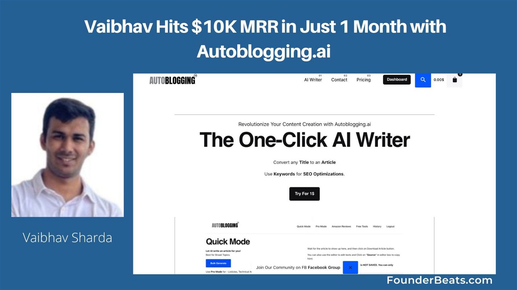 Vaibhav Hits $10K MRR in Just 1 Month with Autoblogging.ai 