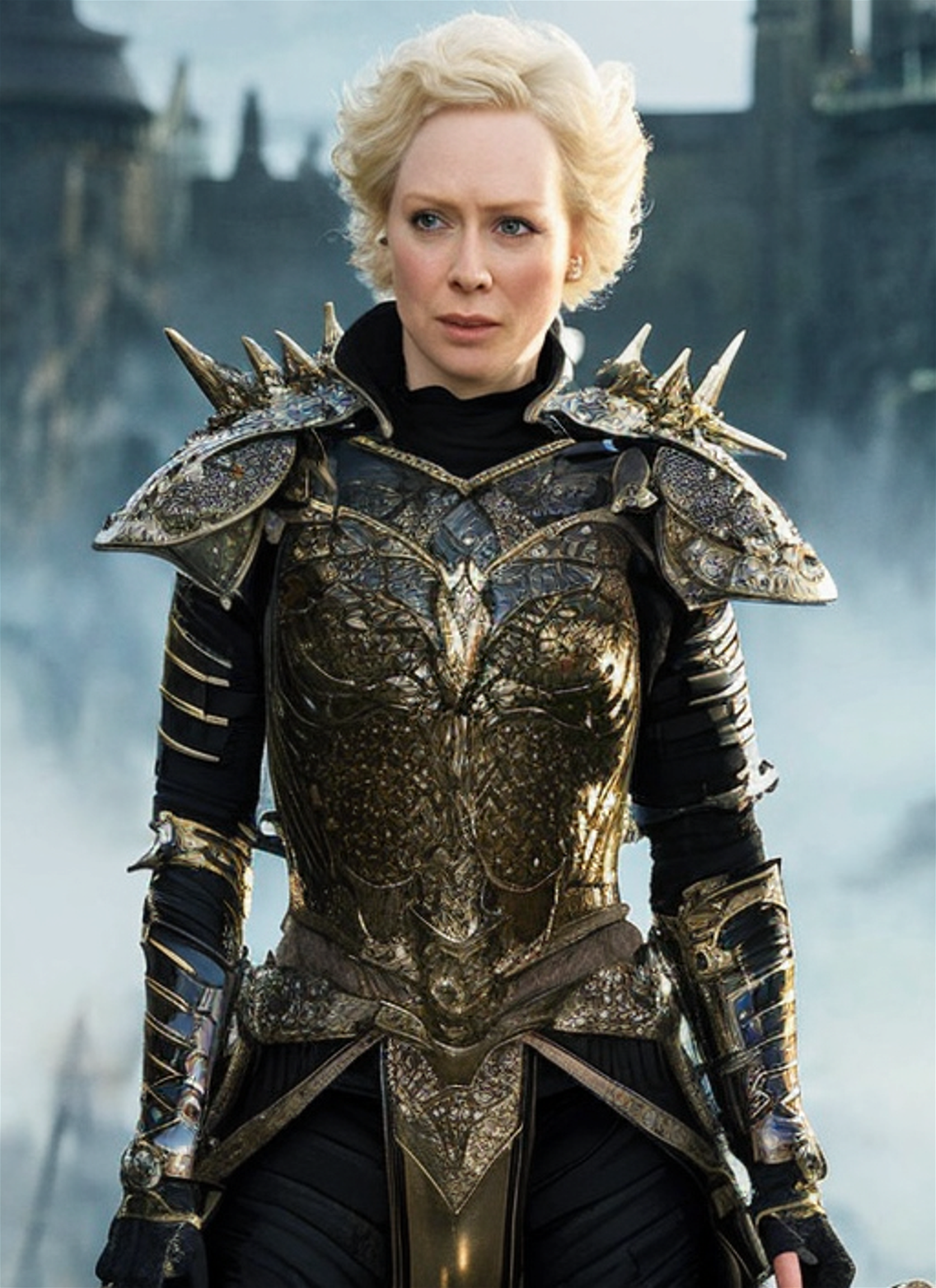 A hyperrealistic full body portrait of Gwendoline Christie in a regal and elegant pose, inspired by the work of Yoshitaka Amano and Hidetaka Miyazaki, with intricate and detailed armor, in a fantasy and medieval theme.