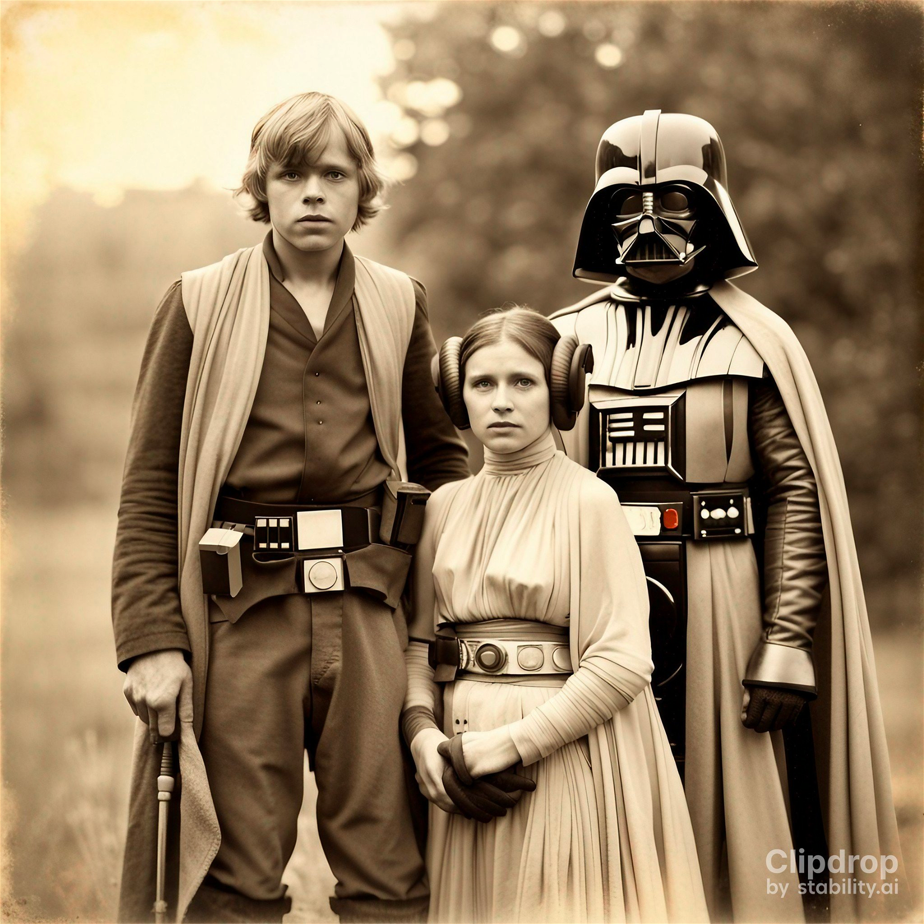 A black and white vintage, timeworn Skywalker family photograph from 1890, luke skywalker, princess leia and Darth Vader, rural clothing, ultra-detailed, 8k, slightly sepia tone