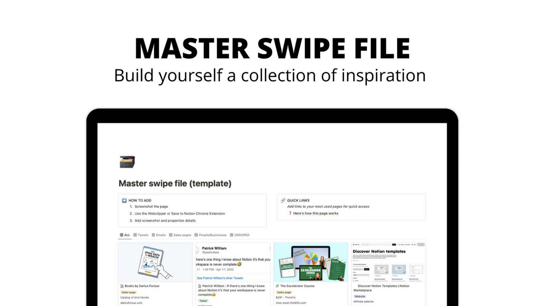 MASTER SWIPE FILE - A Notion template for creators who need inspiration (designers, copywriters, webdev,...)