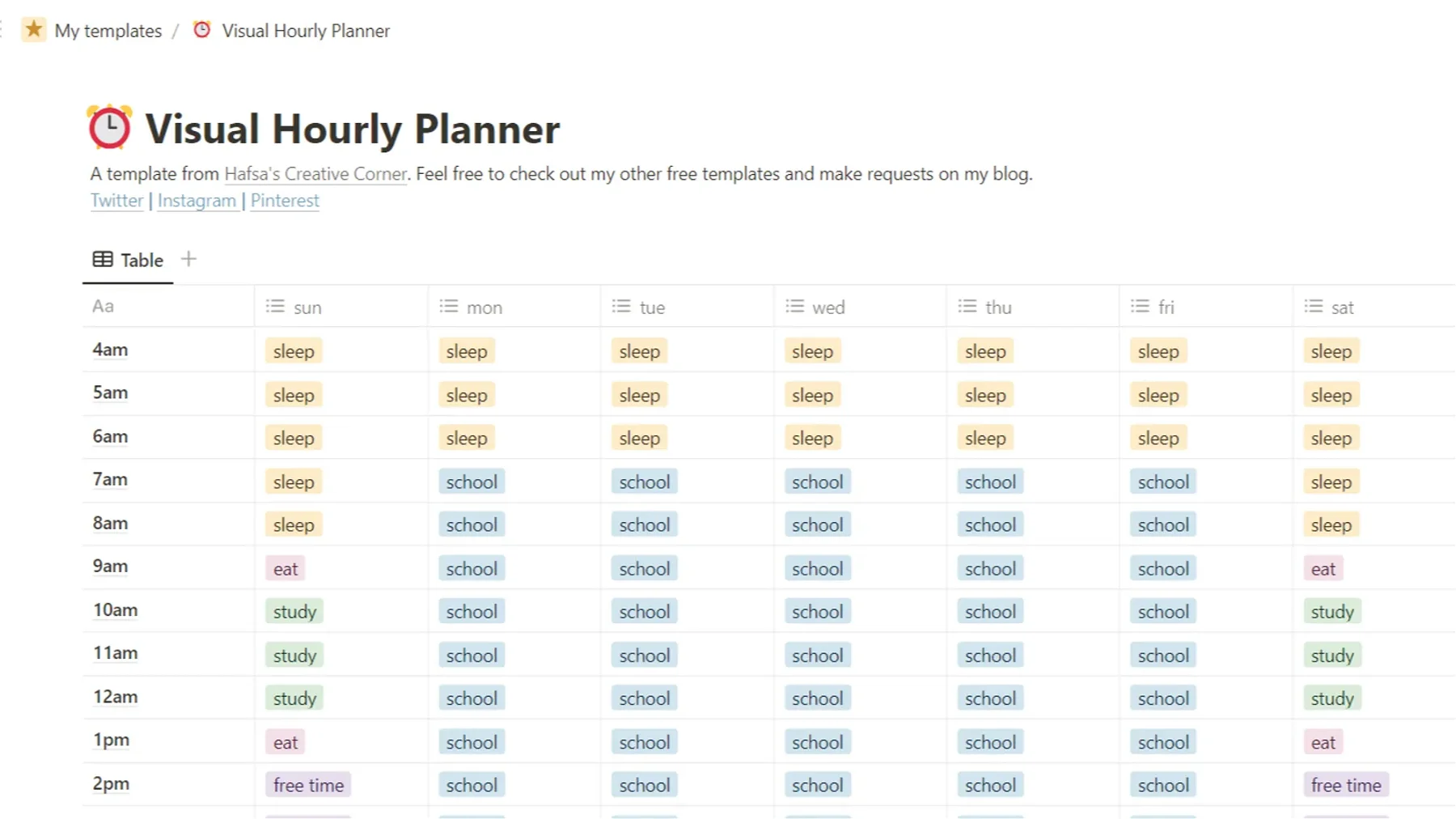 Visual Hourly Planner Notion Template