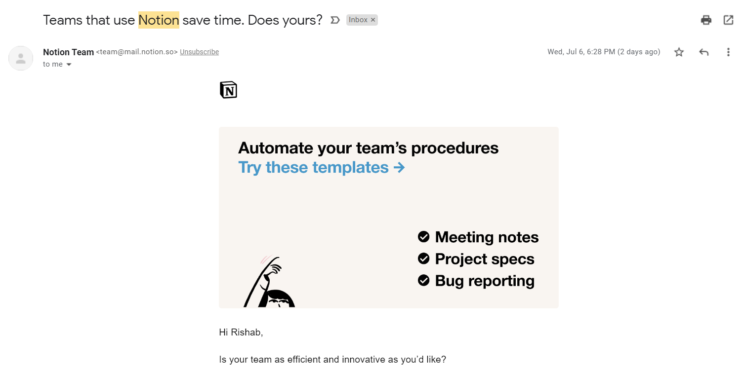 Notion uses branding emails. header image and a great subject line in emails.