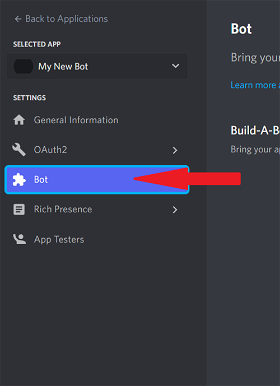 Click on the Bot Tab to turn your Discord Application into a Bot