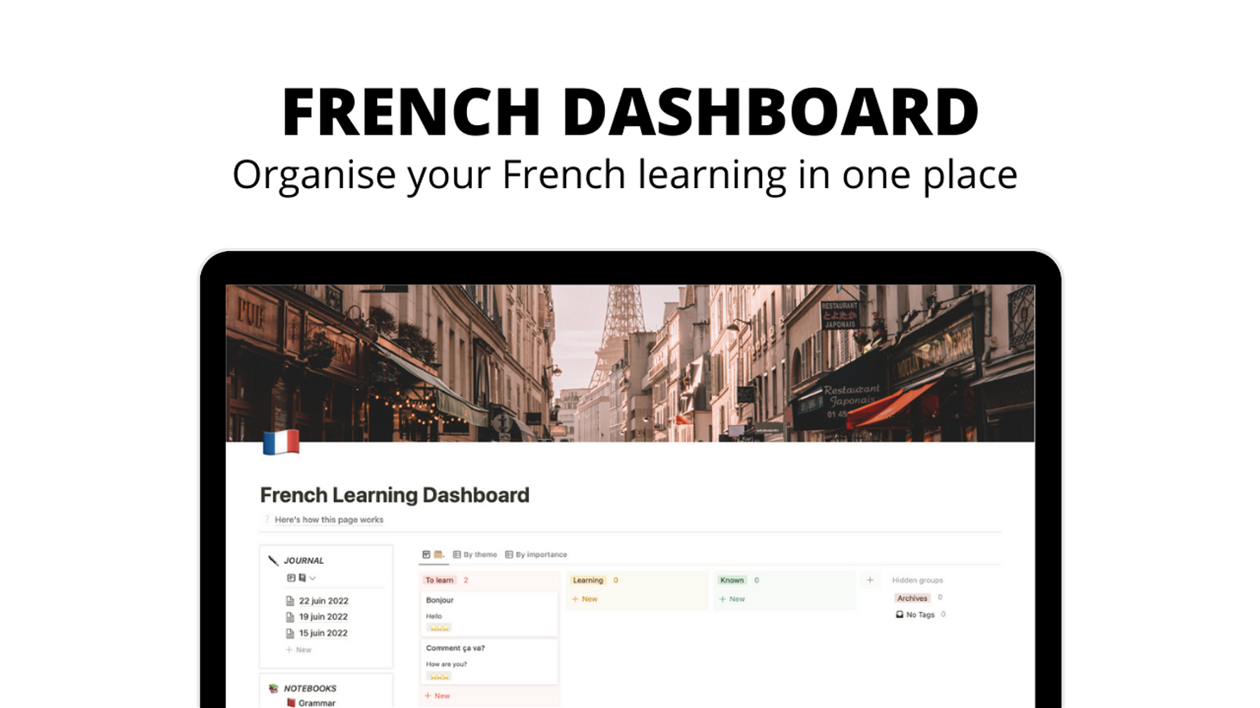 FRENCH DASHBOARD ðŸ‡«ðŸ‡· - A single page dashboard to learn French (complete with a flashcard system, journal practice and notebooks)