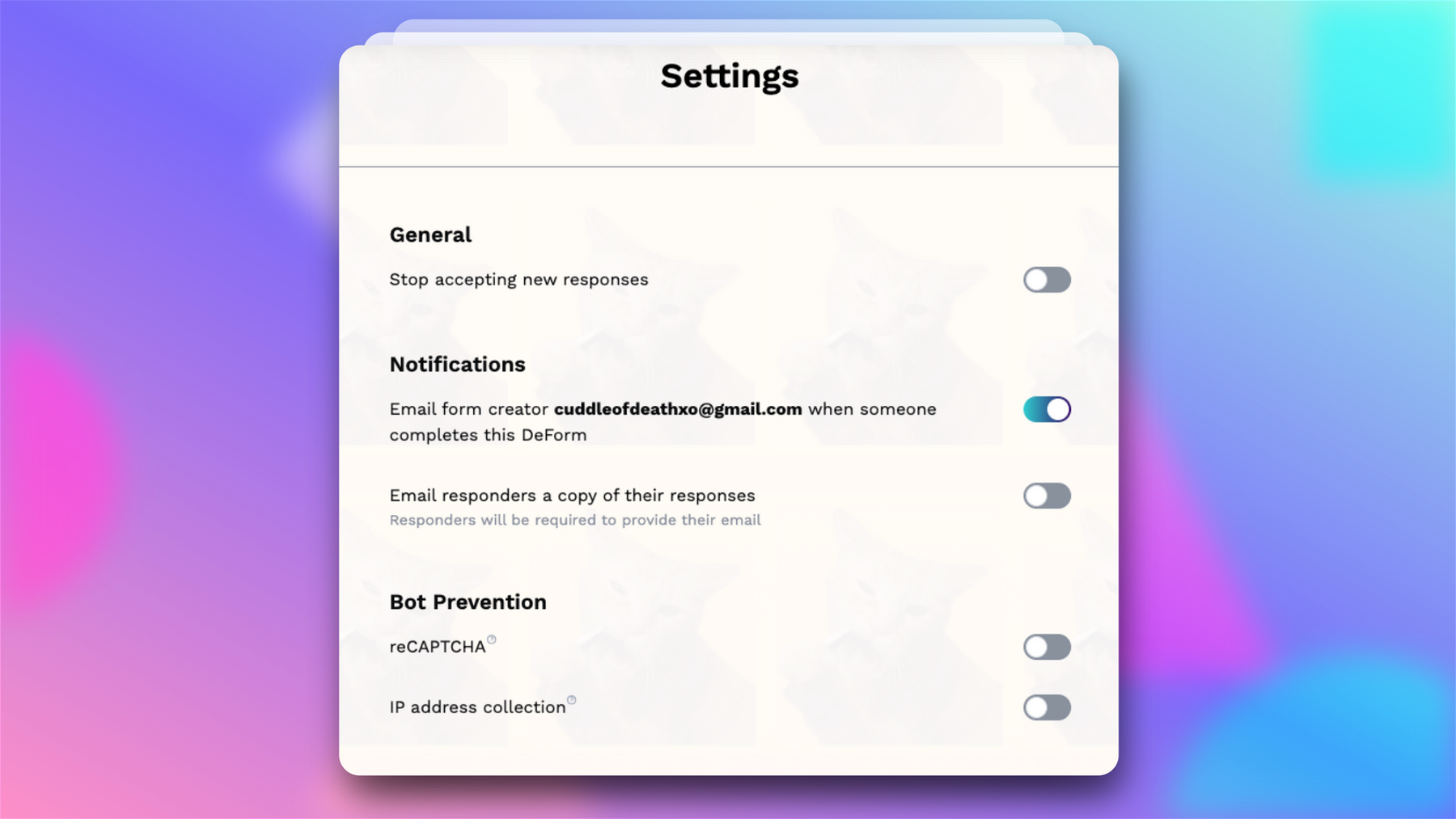 You can customize additional form settings by navigating to the Settings page from the navigation bar on the left side of the DeForm editor. Here, you’ll find useful settings like the feature to stop accepting responses, to receive email notifications, bot prevention options, and more. 