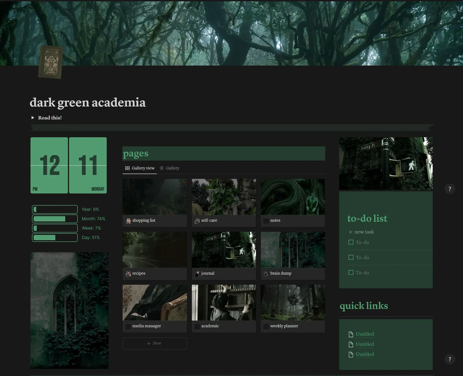 Dark Green Academia/Urban Fantasy Notion Dashboard Template
