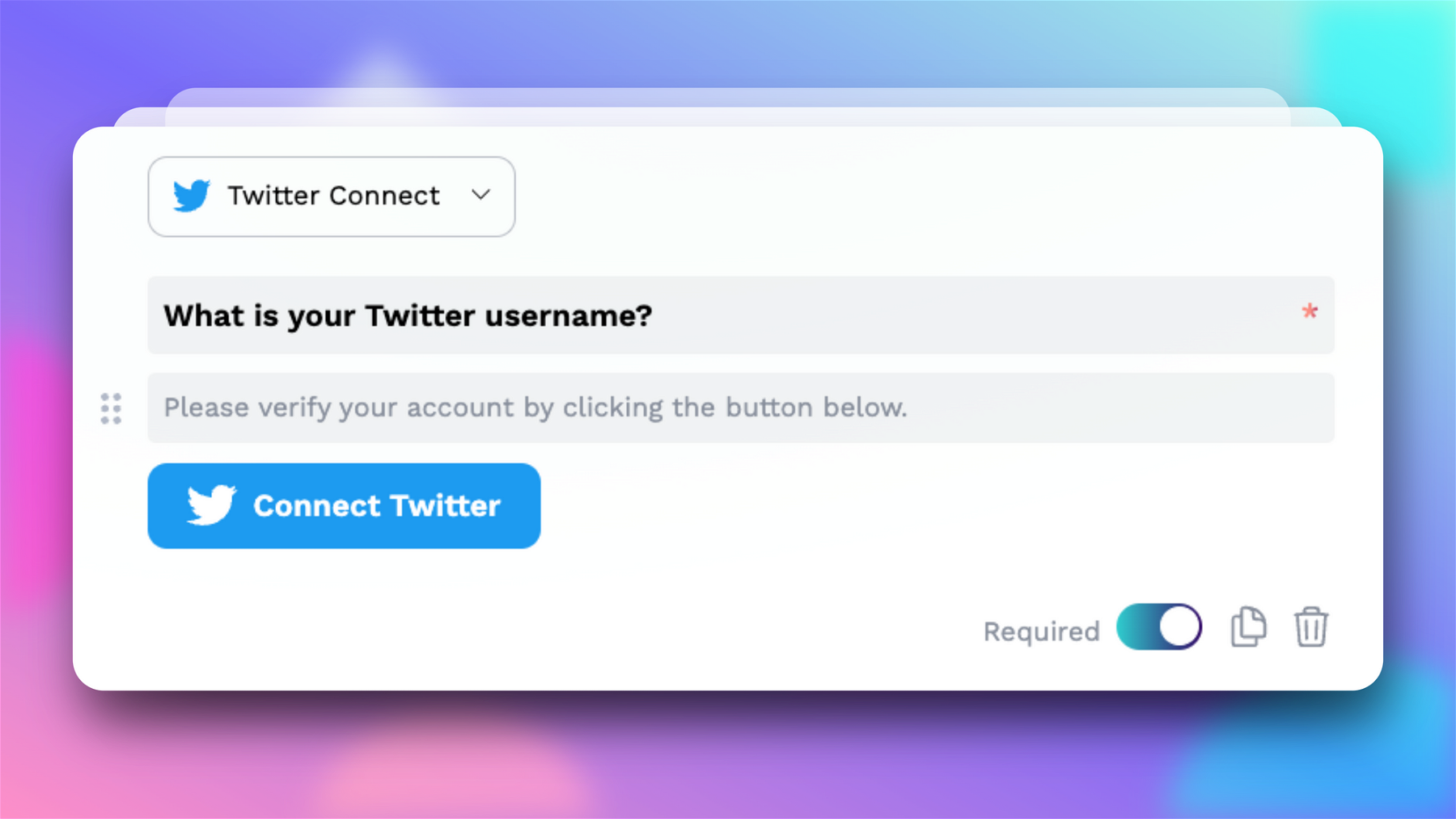 This is how the Twitter Connect option looks by default during edit mode. You can make it a requirement on your form by toggling the “Required” switch to on.