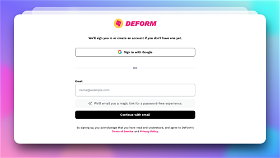 The DeForm sign in page has the option to use a magic link for a password-free experience. You can sign in with Google or by typing your email address in the email field.