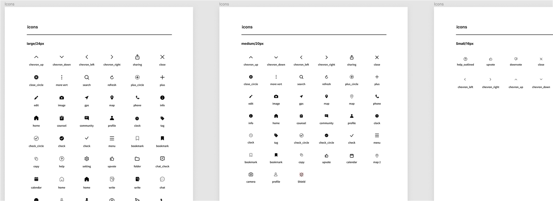 디자인 조직 - 피그마에서는 Icon을 사이즈별로 분류하여 작성, 관리