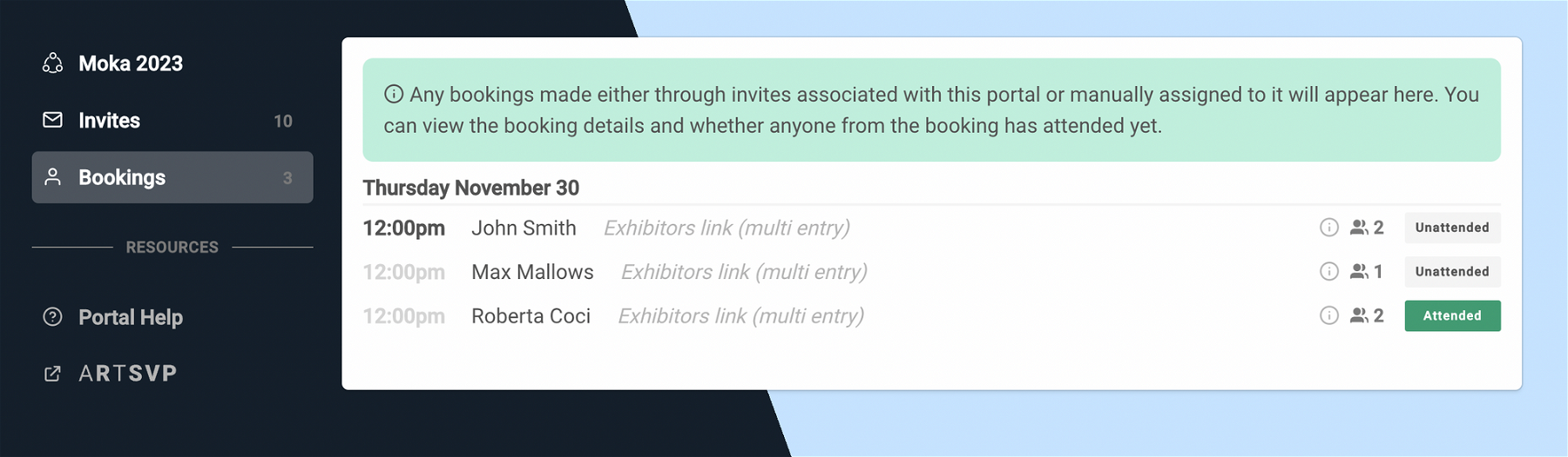 Galleries can see when their guests have booked and attend live