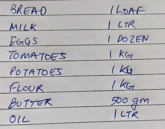 Kitchen Inventory List hand written on paper
