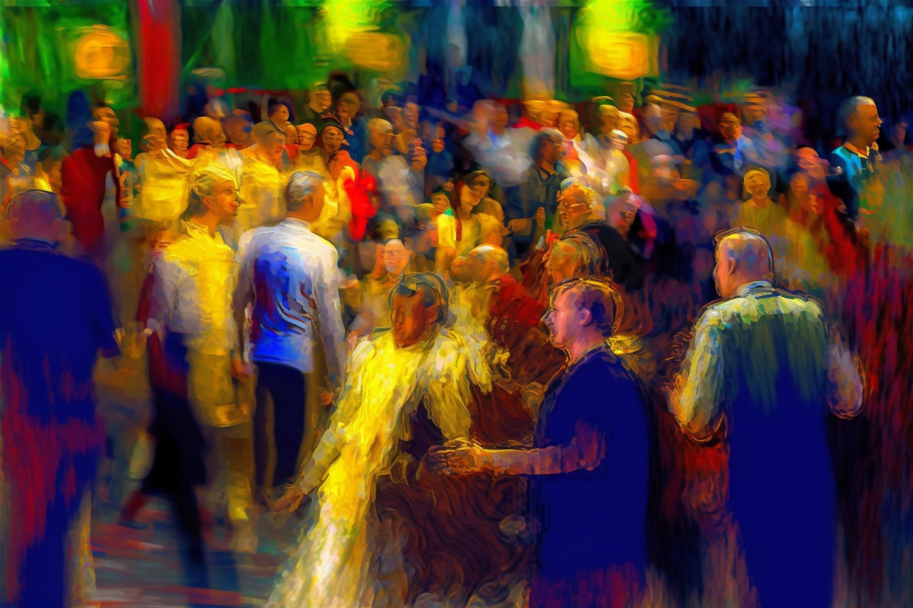 AI-generated art of people in motion in a crowd. MJ prompt: watching, enchanted by the crowd, energized by their motion. expressionism --ar 3:2 --v 4
