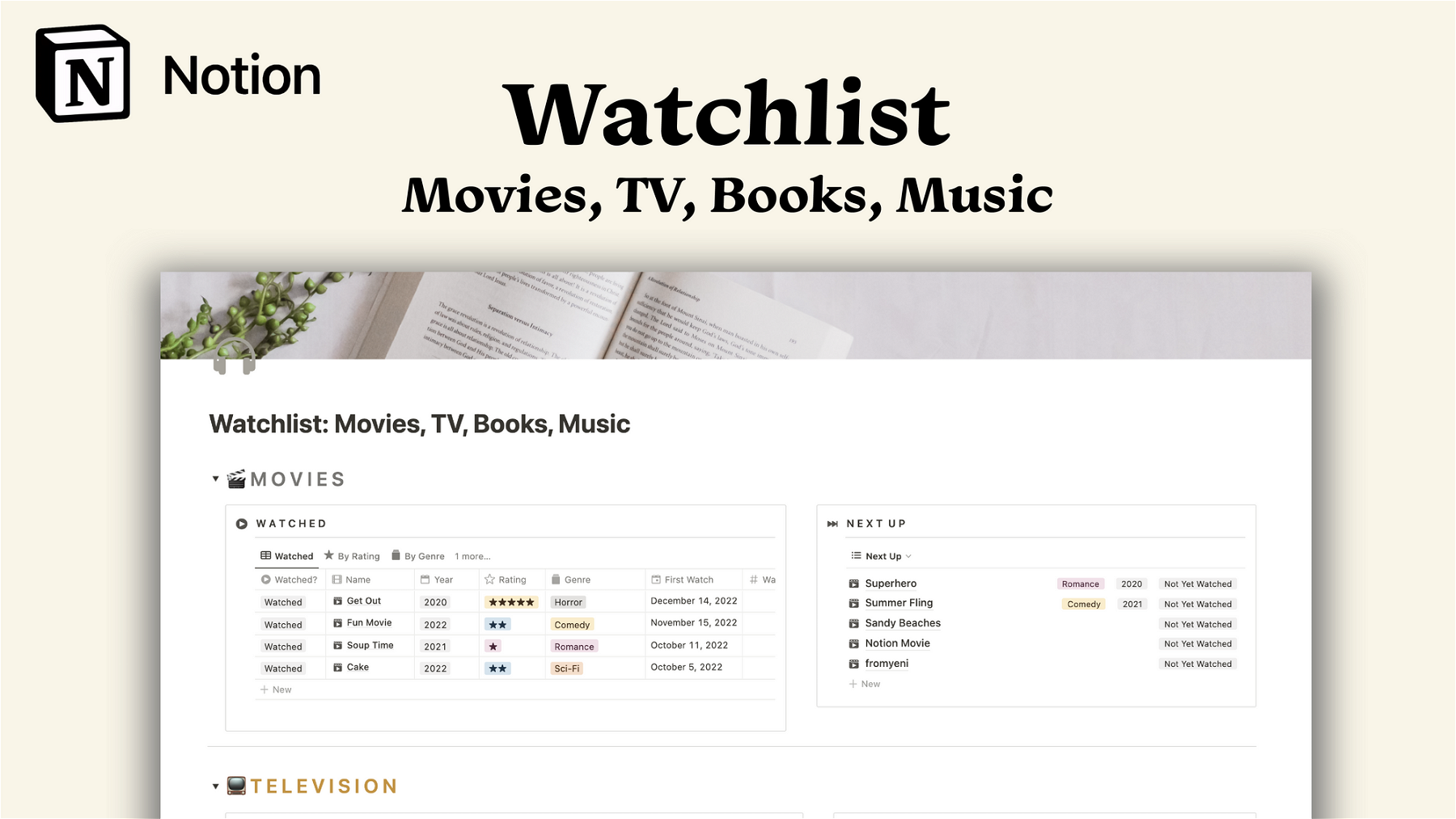 Watchlist - Movies, TV, Books, Music: Notion Template