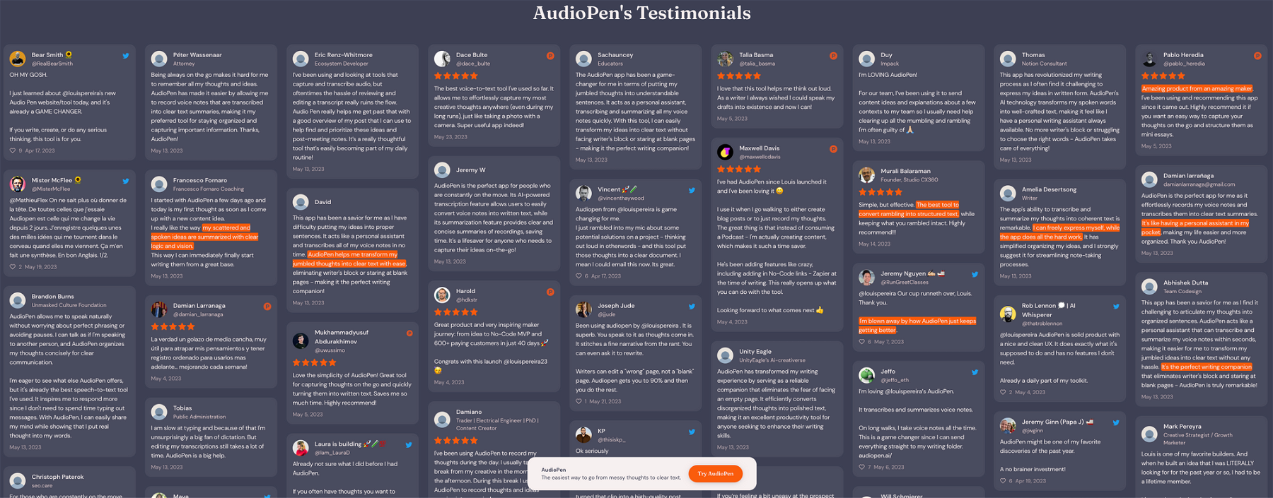 AudioPen's gigantic wall of testimonials