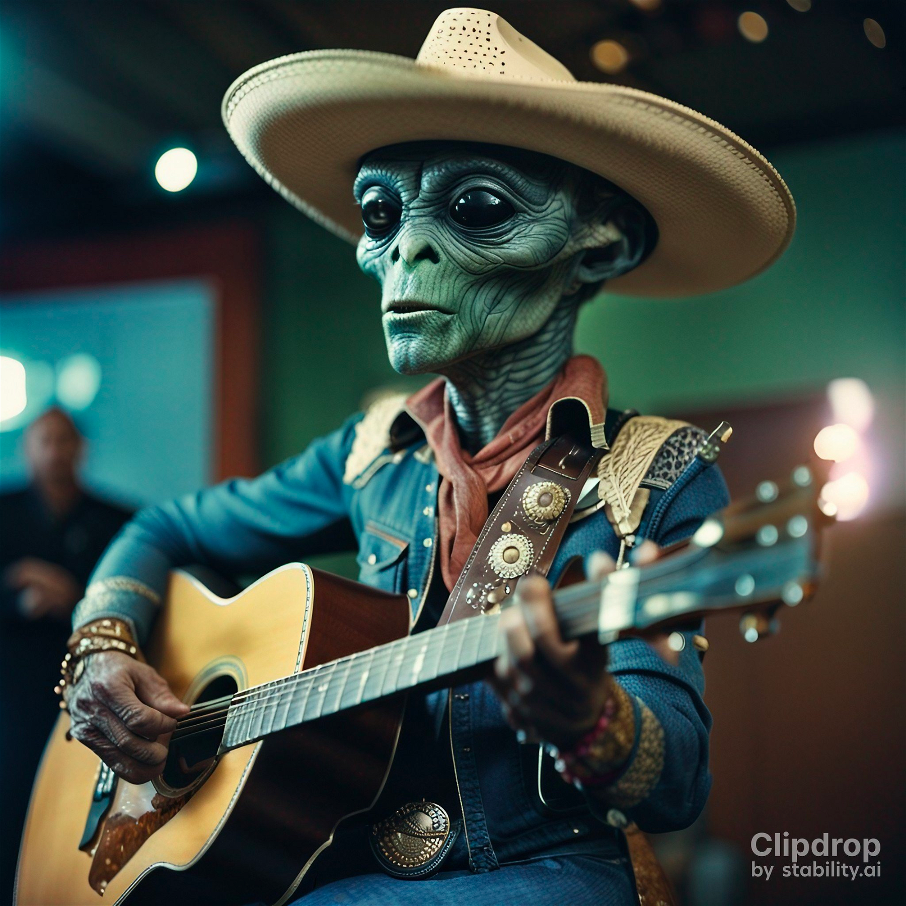 portrait photograph of an alien as a country singer, traditional american cowboy outfit, high detail, shot on kodachrome, film photograph, analog photography portrait masterpiece