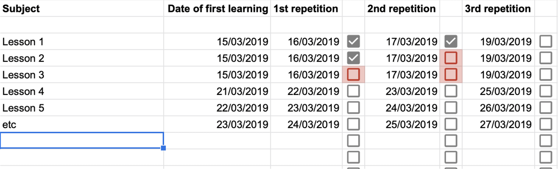Google Sheets for Spaced Repetition