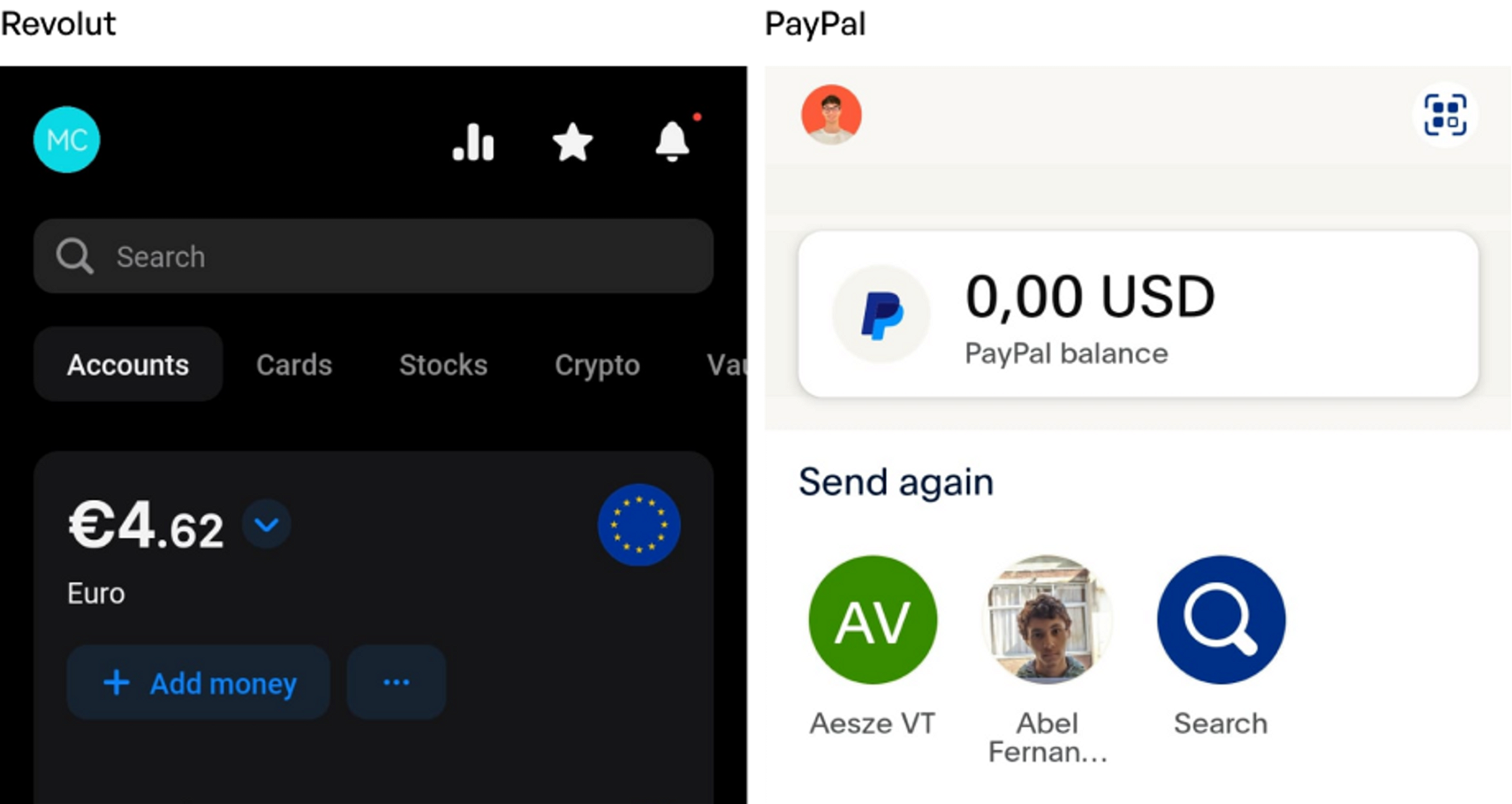 Home screen das apps bancárias Revolut e PayPal, que mostram como nem sempre a simplicidade ajuda o útilizador - neste caso devido à falta de labels em vários menus.